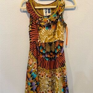 Boho Floral Sunburst Sleeveless Dress in Mustard